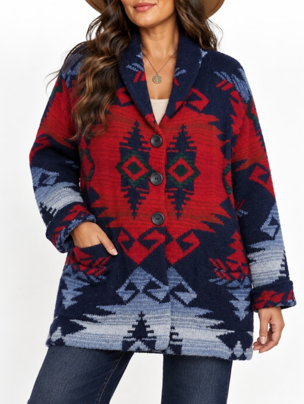Vintage Lauren Ralph Lauren 90s Southwest Aztec Hand Knit Wool Silk Cardigan L